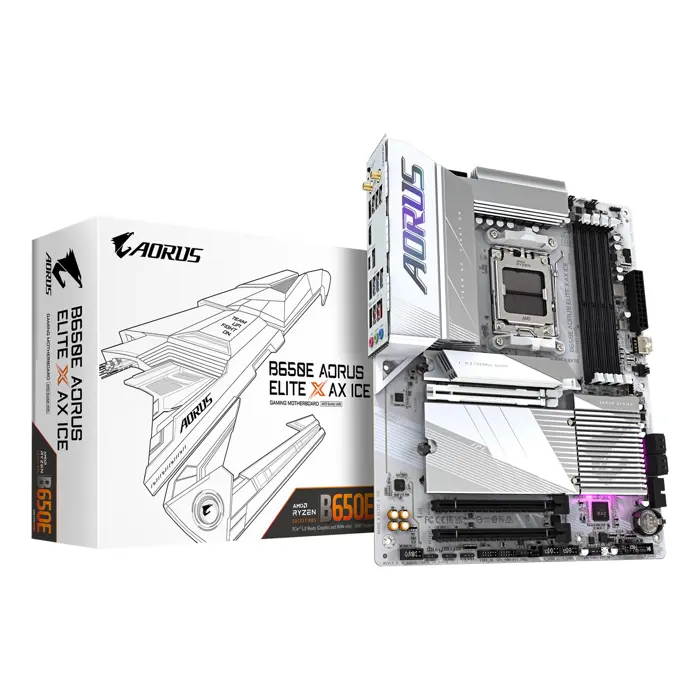 GIGABYTE B650E AORUS ELITE X AX ICE Motherboard - AMD Ryzen 9000 Series CPUs, 12+2+2 Phases VRM, up to 8000MHz DDR5 (OC), 1xPCIe 5.0 + 2xPCIe 4.0 M.2, 2.5GbE LAN, WIFI 6E, USB 3.2 Gen 2