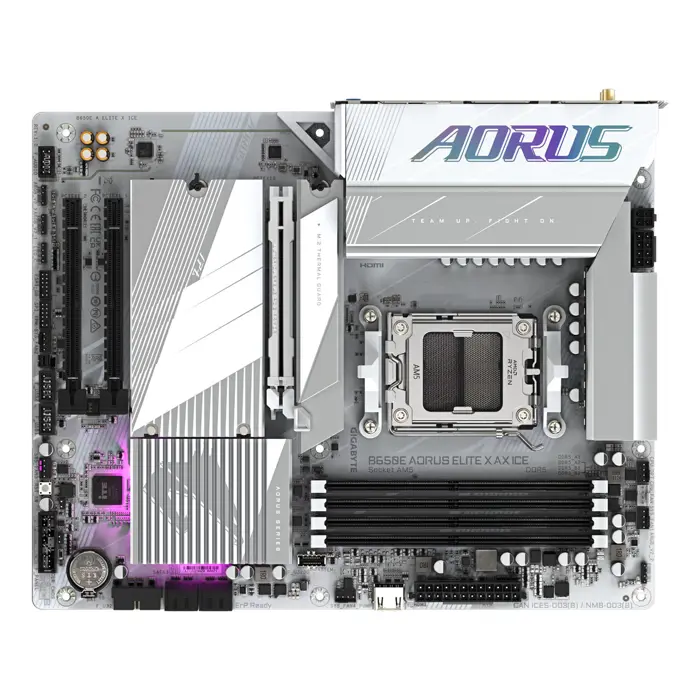 GIGABYTE B650E AORUS ELITE X AX ICE Motherboard - AMD Ryzen 9000 Series CPUs, 12+2+2 Phases VRM, up to 8000MHz DDR5 (OC), 1xPCIe 5.0 + 2xPCIe 4.0 M.2, 2.5GbE LAN, WIFI 6E, USB 3.2 Gen 2