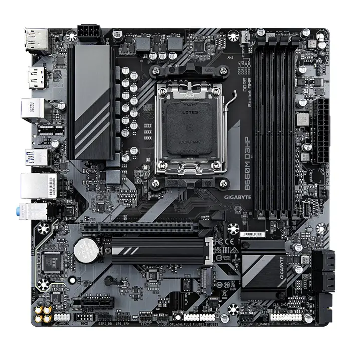 GIGABYTE B650M D3HP Motherboard - AMD Ryzen 9000 Series CPUs, 5+2+2 Phases VRM, up to 7600MHz DDR5 (OC), 2xPCIe 4.0 M.2, 2.5GbE LAN, USB 3.2 Gen 1