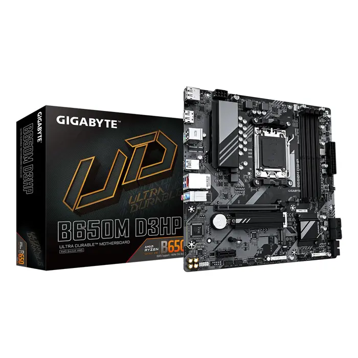 GIGABYTE B650M D3HP Motherboard - AMD Ryzen 9000 Series CPUs, 5+2+2 Phases VRM, up to 7600MHz DDR5 (OC), 2xPCIe 4.0 M.2, 2.5GbE LAN, USB 3.2 Gen 1