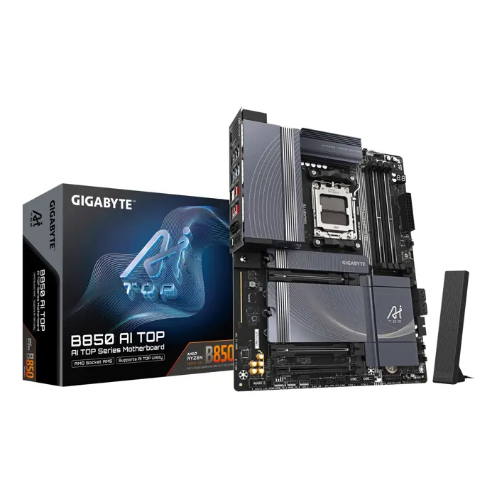 GIGABYTE B850 AI TOP Motherboard - AMD Ryzen 9000 Series CPUs, 16+2+2 Phases Digital VRM, up to 8600MHz DDR5 (OC), 2xPCIe 5.0 + 1xPCIe 4.0 M.2, 10 LAN, WIFI 7, USB 3.2 Gen 2x2