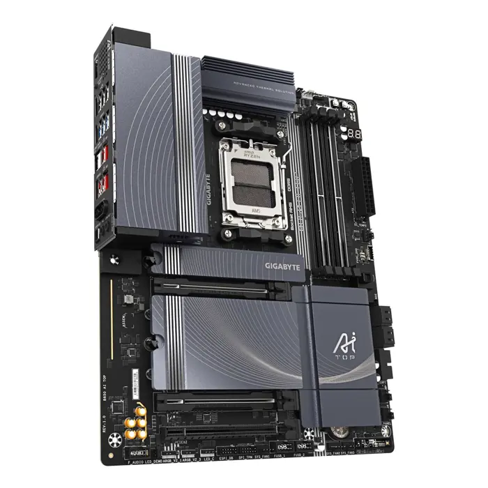 GIGABYTE B850 AI TOP Motherboard - AMD Ryzen 9000 Series CPUs, 16+2+2 Phases Digital VRM, up to 8600MHz DDR5 (OC), 2xPCIe 5.0 + 1xPCIe 4.0 M.2, 10 LAN, WIFI 7, USB 3.2 Gen 2x2