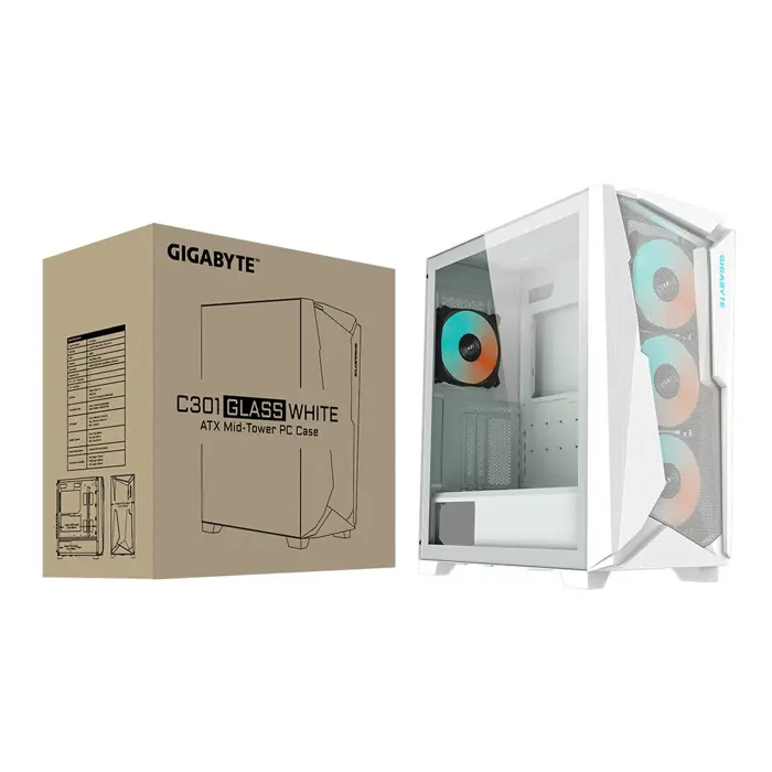 Gigabyte case C301 with glass, white, ATX, Mid Tower