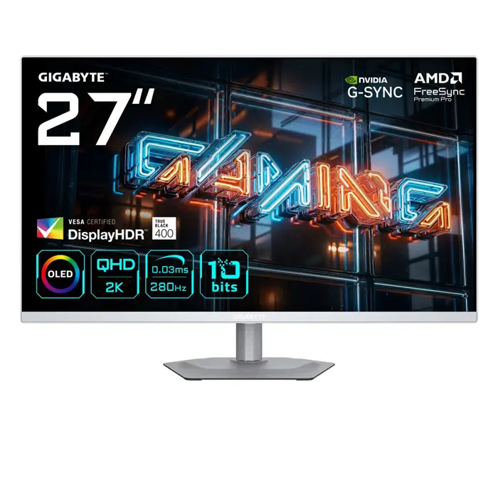 GIGABYTE MO27Q2A ICE 27” OLED 2K QHD Gaming Monitor - 2560 x 1440, 280Hz, 0.03ms, 250 cd/m2, FreeSync Premium Pro, DisplayHDR True Black 400, HDMI 2.1, Displayport 1.4