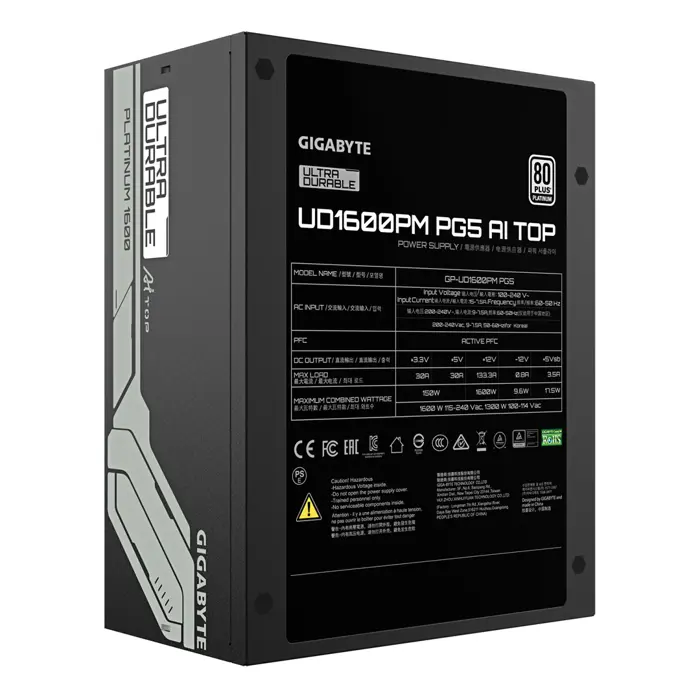 GIGABYTE UD1600PM PG5 AI TOP Power Supply - PCIe 5.0, 80 PLUS Platinum, Fully Modular Design, 120mm Fan, ATX 3.1 compatible, EU Plug