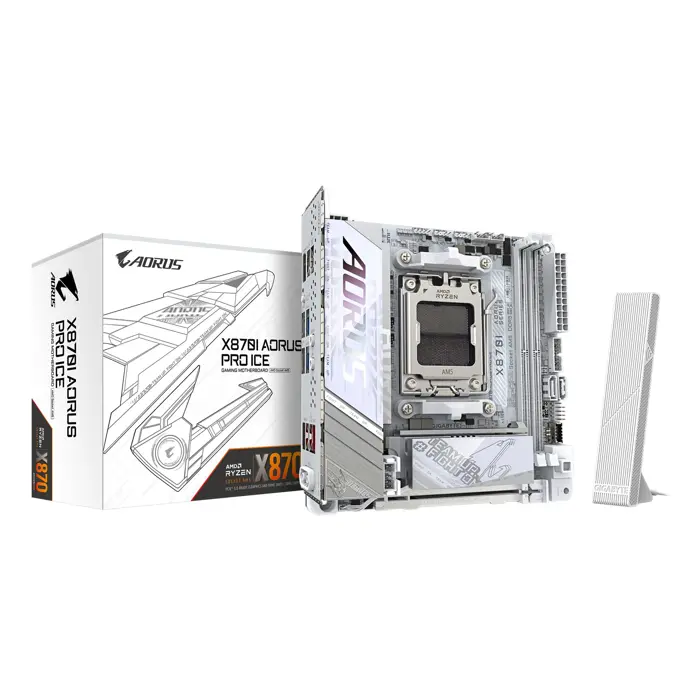 GIGABYTE X870I AORUS PRO ICE Motherboard - Supports AMD Ryzen 9000 Series CPUs, 8+2+1 phases VRM, up to 8400MHz DDR5 (OC), 1xPCIe 5.0 M.2 + 1xPCIe 4.0 M.2, WI-FI 7, 2,5GbE LAN, USB 4