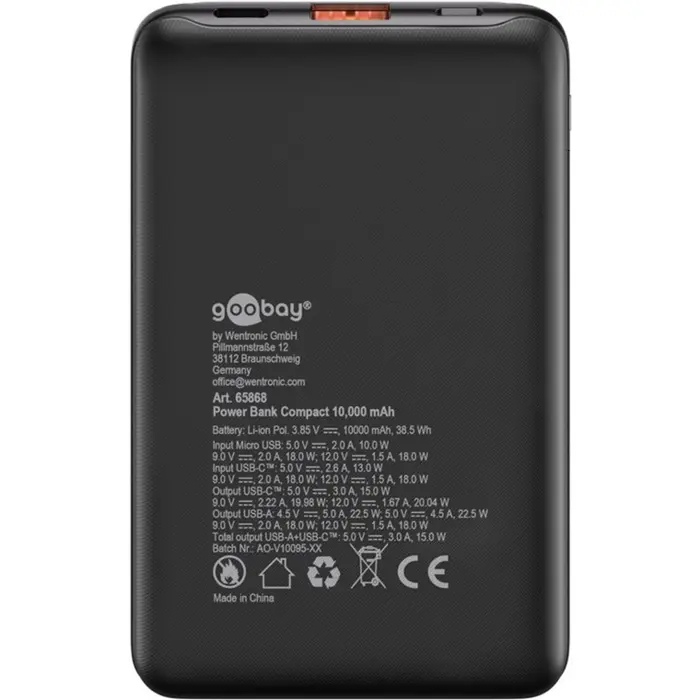 goobay Power Bank Compact 10,000 mAh (black, 10 Ah, 1x USB-A, 1x USB-C, Power Delivery, Quick Charge)
