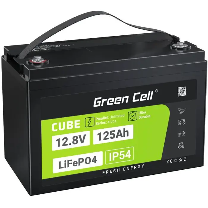 Green Cell Žalias Cell CUBE LiFePO4 125Ah 12,8V 1600Wh liio geležies fosfato baterija kemperiui, sauls energijai, neprijungtai prie tinklo, laivui Lithium Iron Phosphate (LiFePO4) 12.8 V
