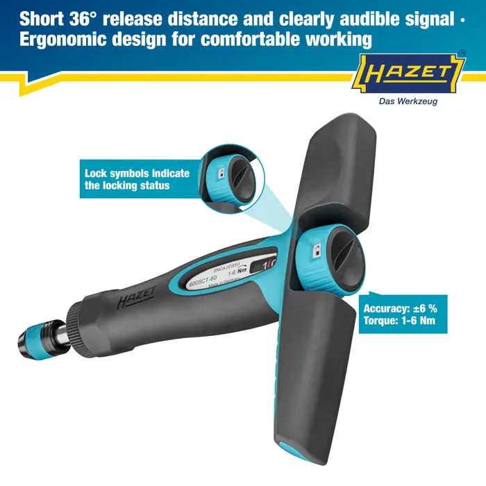 Hazet torque screwdriver with T-handle (black/blue, 1 - 6 Nm, 1/4" bit holder)