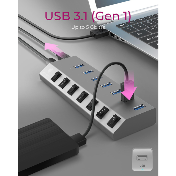 IcyBox IB-HUB1701-C3 7-portni USB-A hub s stikali