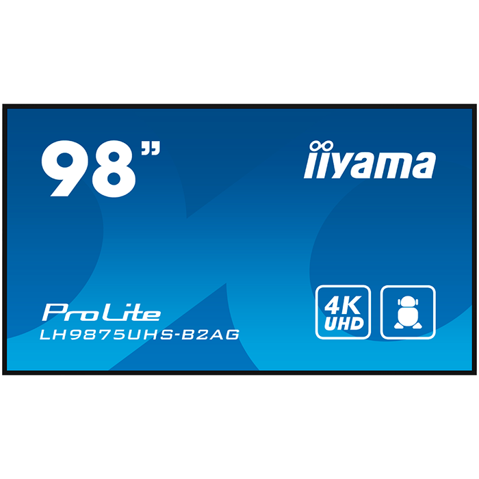 IIYAMA LFD LH9875UHS-B2AG 98" 4K UHD Professional Digital Signage display featuring Android OS, iiSignage² and OPS PC slot landscape, portrait Android 11 OS, iiSignage², FailOver, EShare