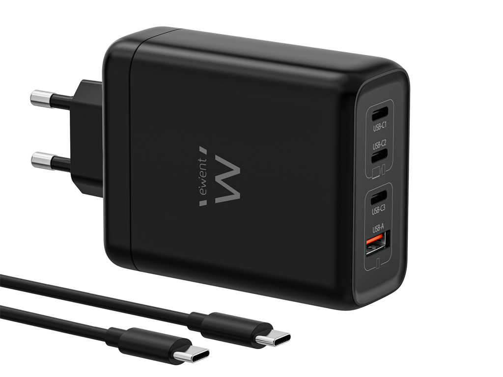 Stenski polnilec Ewent EW1337, GaN, 140W, 3x USB-C, 1x USB-A, QC 5.0, črn - EW1337