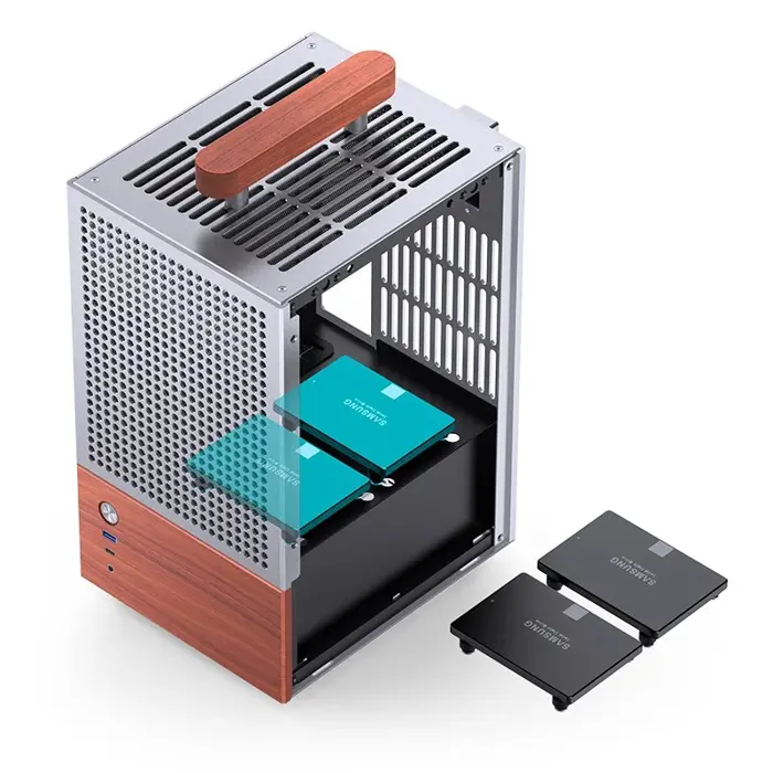 Jonsbo T6 PC Case, Mini-Tower, Mini-ITX, Tempered Glass, Wood - Silver