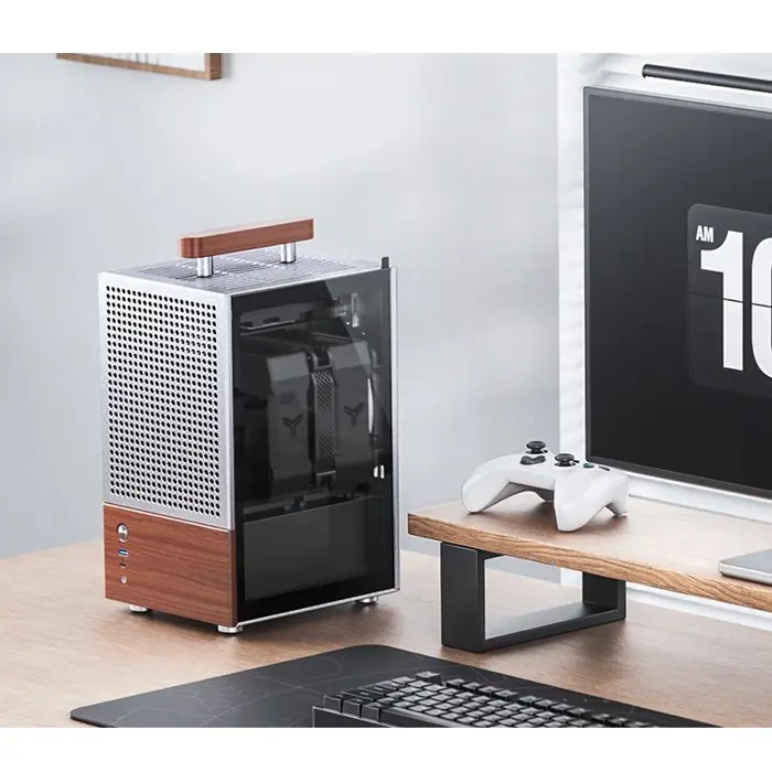 Jonsbo T6 PC Case, Mini-Tower, Mini-ITX, Tempered Glass, Wood - Silver