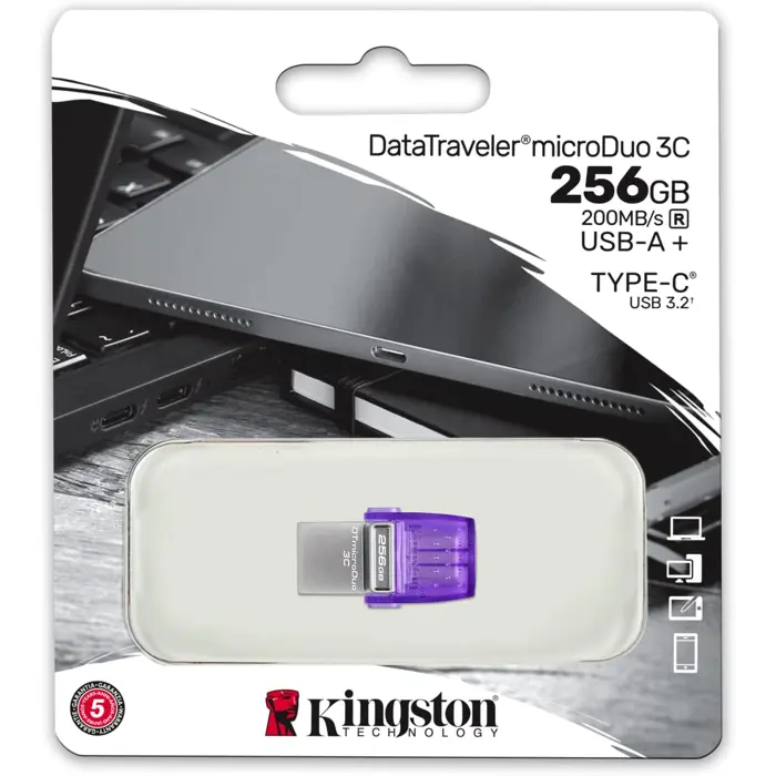 Kingston DataTraveler microDuo 3C 256GB USB Stick (Purple/Transparent, USB-A 3.2 Gen 1, USB-C 3.2 Gen 1)