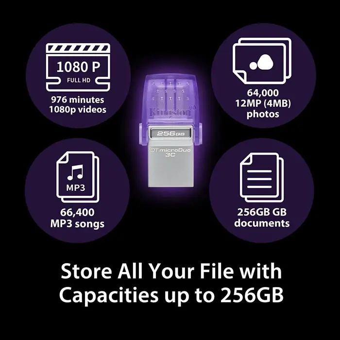 Kingston DataTraveler microDuo 3C 256GB USB Stick (Purple/Transparent, USB-A 3.2 Gen 1, USB-C 3.2 Gen 1)