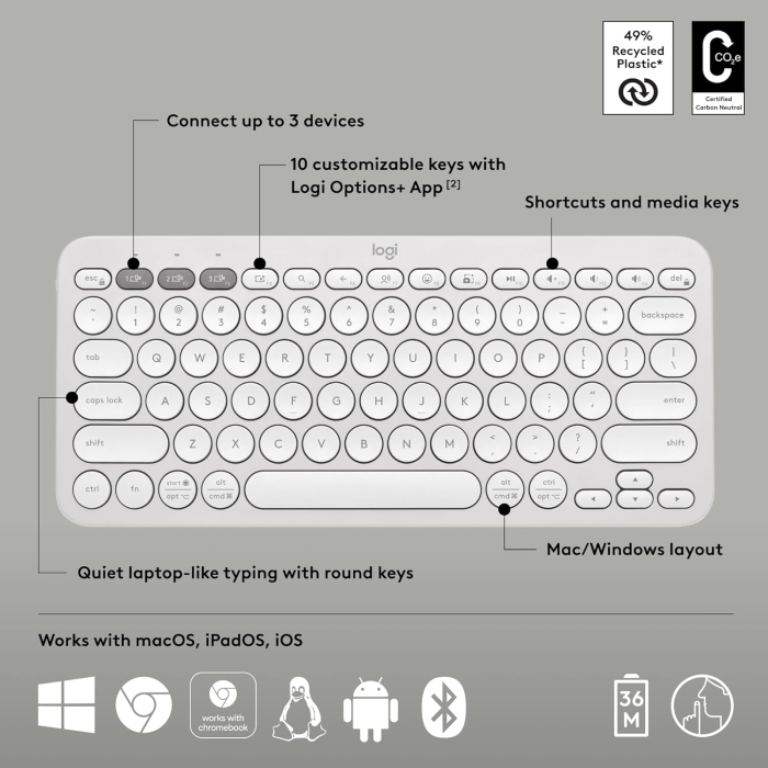 Logitech Keyboard Pebble Keys 2 K380s Multi-Device, white, SLO Mr.