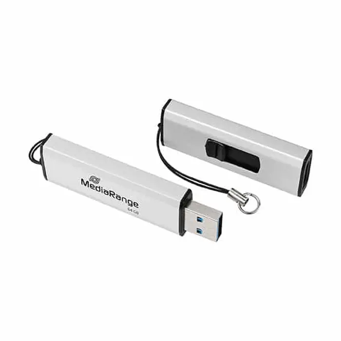 MediaRange USB 3.2 Gen 1 USB STICK s kliznim mehanizmom i uzicom za privjesak, Silver/Black, 64GB , MR917