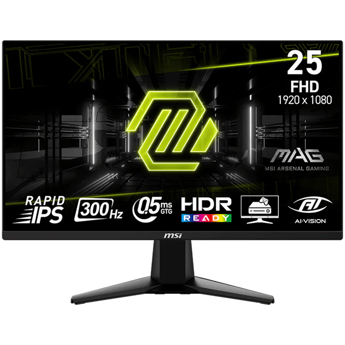 MSI MAG 255F, 24.5", Rapid IPS, 1920x1080 (FullHD), 300Hz, 300 Nits, 0.5ms, AMD FreeSync Premium, HDR Ready, 2x HDMI 2.0b, 1x DP 1.4a, 1x Headphone-out, Tilt, VESA