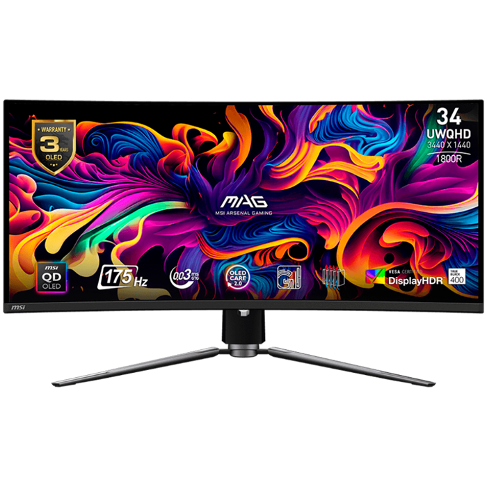 MSI MAG 341CQP QD-OLED Curved Gaming Monitor, 34", QD-OLED, 175Hz UWQHD (3440x1440), 21:9, 0.03ms GTG, FreeSync Premium Pro, 1800R Curve, DisplayHDR True Black 400, VESA, 1x Display Port (1.4a), 2x HD