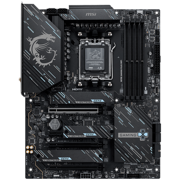 MSI X870E GAMING PLUS WIFI, ATX, Socket AM5, 4x DDR5 Dual Channel DDR5 up to 8200(OC)MHz, 3x PCIe x16 slot, 3x M.2 slot, 4x USB 2.0, 2x USB 5Gbps, 2x USB 10Gbps, 1x 20Gbps Type-C, 1x 40Gbps Type-C, HD