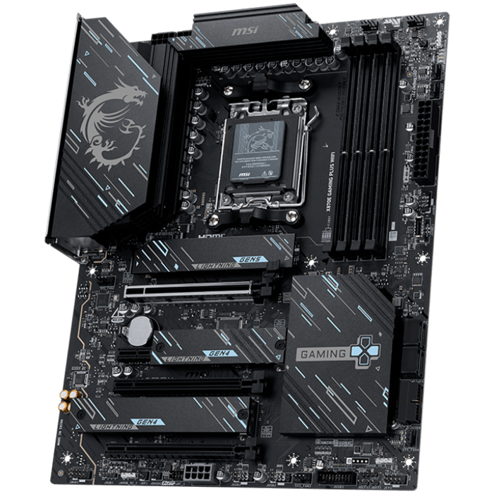 MSI X870E GAMING PLUS WIFI, ATX, Socket AM5, 4x DDR5 Dual Channel DDR5 up to 8200(OC)MHz, 3x PCIe x16 slot, 3x M.2 slot, 4x USB 2.0, 2x USB 5Gbps, 2x USB 10Gbps, 1x 20Gbps Type-C, 1x 40Gbps Type-C, HD