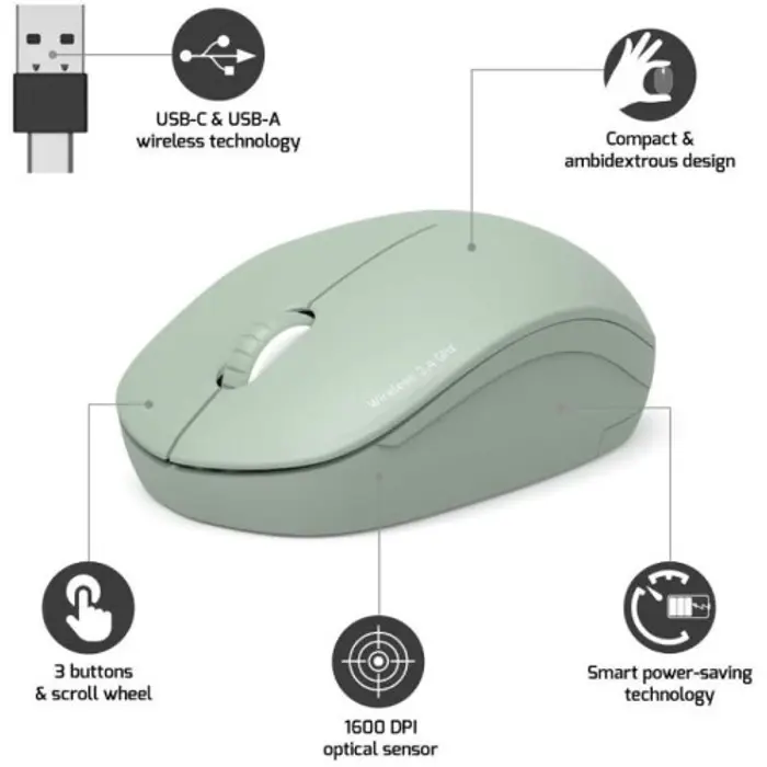Port miš OFFICE WL USB-A/C, bežični, zelen