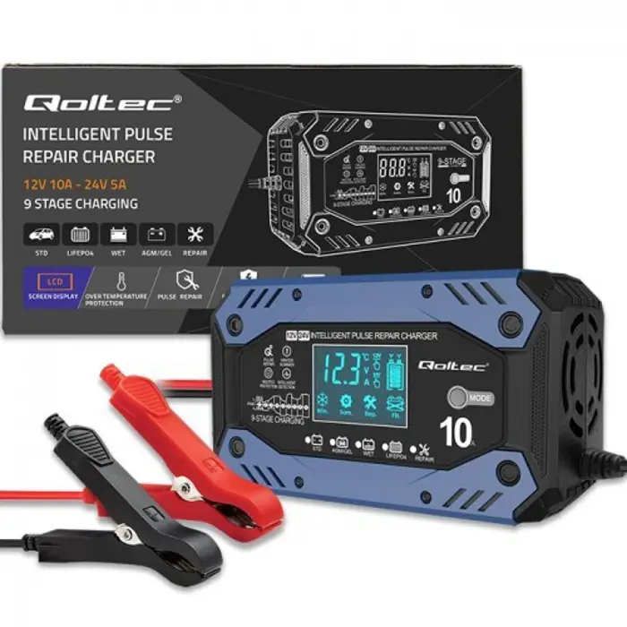 Qoltec 52482 Intelligent charger for STD AGM GEL LiFePO4 | Battery charger with repair function |12-24V |10A | LCD | 9 - stage charging