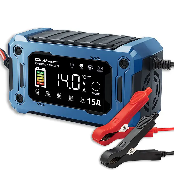 Qoltec 52496 Charger 12V 15A | Rectifier with repair function and maintaining power supply during battery replacement | for AGM GEL LiFePO4 | LCD