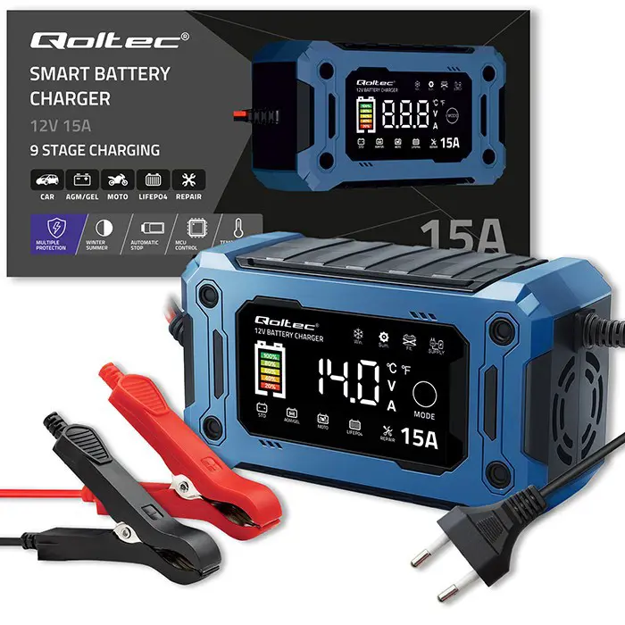 Qoltec 52496 Charger 12V 15A | Rectifier with repair function and maintaining power supply during battery replacement | for AGM GEL LiFePO4 | LCD