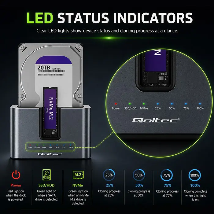 Qoltec 52631 HDD SSD doscking station | SATA | M.2 NVMe | cloning | USB-C | 10Gb/s | 28TB