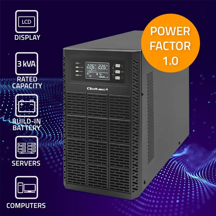 Qoltec Uninterruptible Power Supply (UPS) | 3kVA | 3000W | Power Factor 1.0 | LCD | EPO | USB | Online