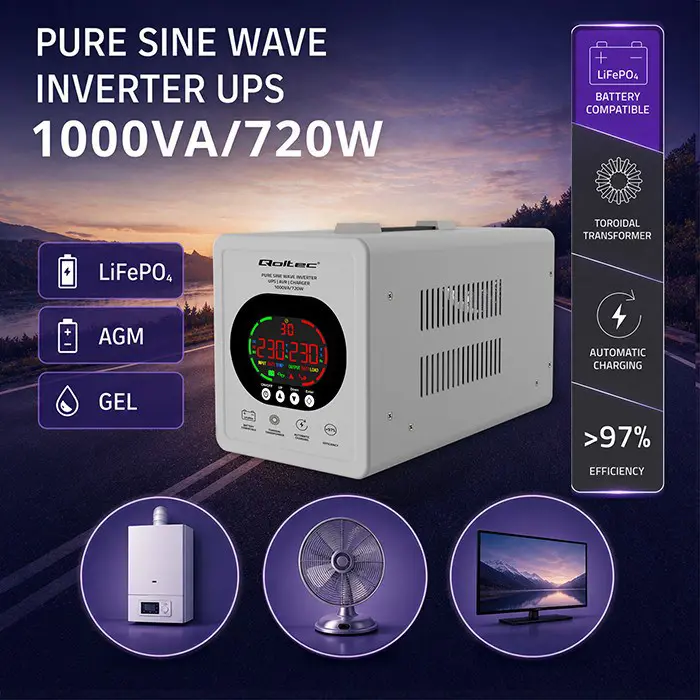 Qoltec Napajanje awaryjny UPS Pure Sine Wave | 1000VA/720W | Przetwornica 12/230V z AVR | LCD | LiFePO4 AGM GEL