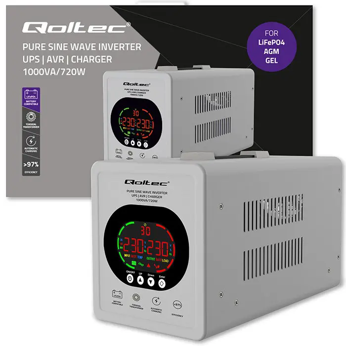 Qoltec Napajanje awaryjny UPS Pure Sine Wave | 1000VA/720W | Przetwornica 12/230V z AVR | LCD | LiFePO4 AGM GEL