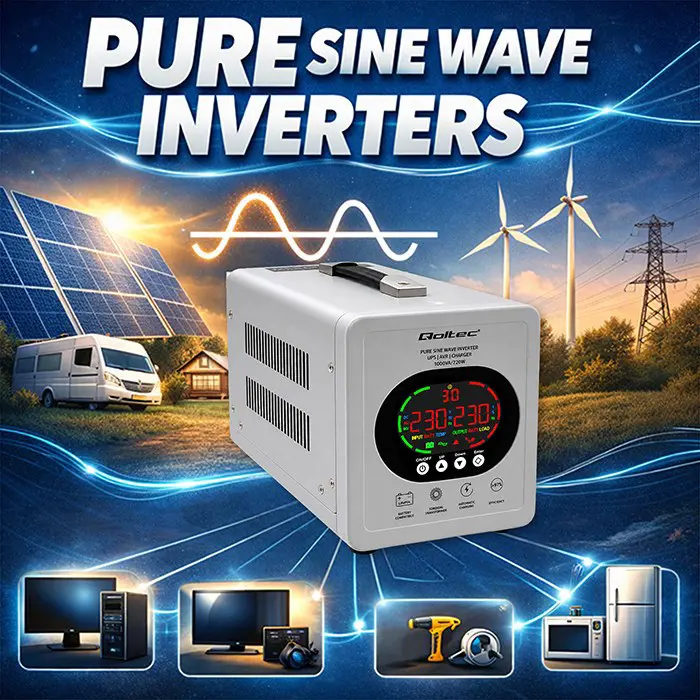 Qoltec Napajanje awaryjny UPS Pure Sine Wave | 1000VA/720W | Przetwornica 12/230V z AVR | LCD | LiFePO4 AGM GEL