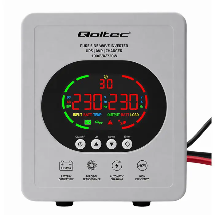 Qoltec Napajanje awaryjny UPS Pure Sine Wave | 1000VA/720W | Przetwornica 12/230V z AVR | LCD | LiFePO4 AGM GEL