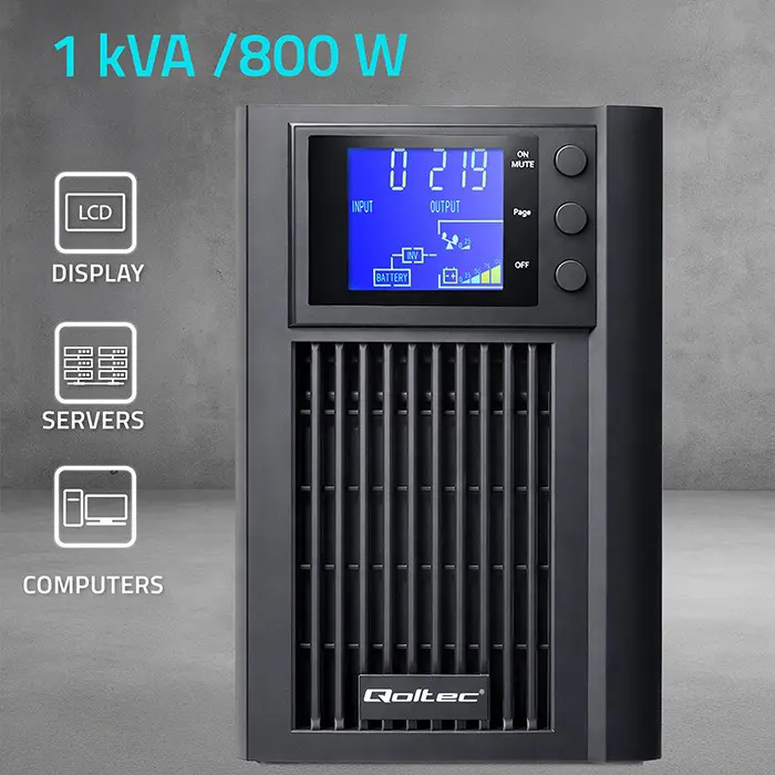 Qoltec Napajanje awaryjny UPS Pure Sine Wave | 1kVA | 800W | AVR | LCD | Czysty Sinus