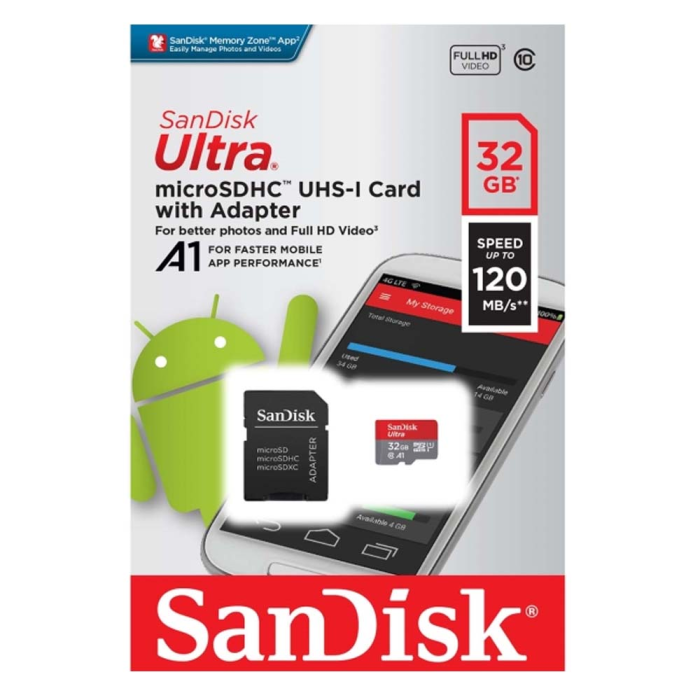 SanDisk Ultra microSDHC 32GB + SD Adapter 120MB / s A1 Class 10 UHS-I