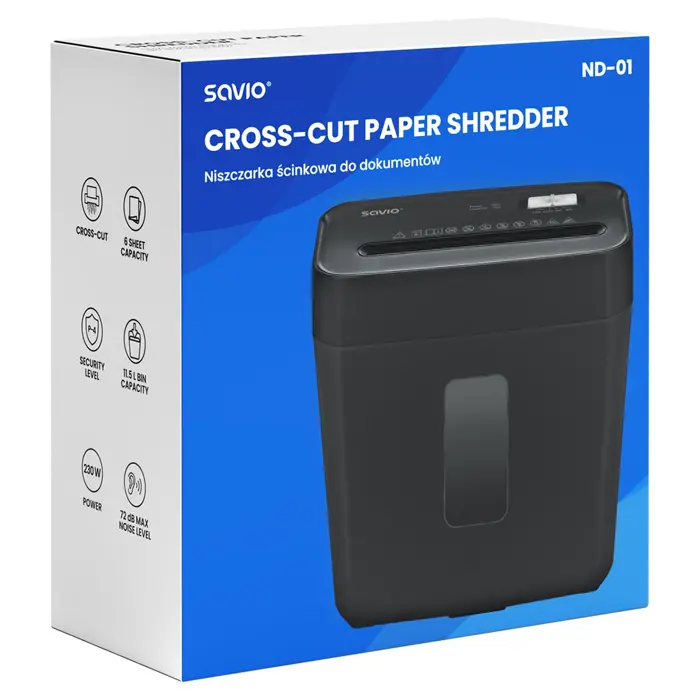 Savio ND-01 paper shredder Cross shredding 72 dB Black