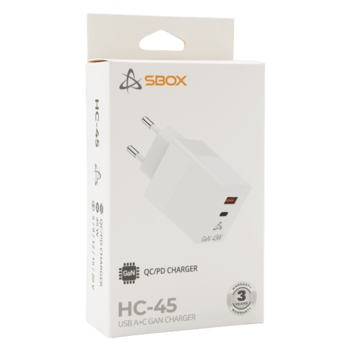 SBOX USB-A/USB-C brzi zidni punjač HC-45 2 utora - 45W GAN bijeli
