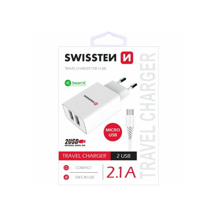 SWISSTEN punjač za AC220, 2xUSB, 2.1A, SMART IC, bijeli+ microUSB kabel