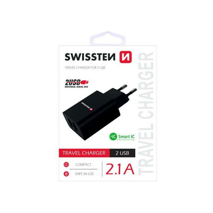 SWISSTEN punjač za AC220, 2xUSB, 2.1A, SMART IC, crni