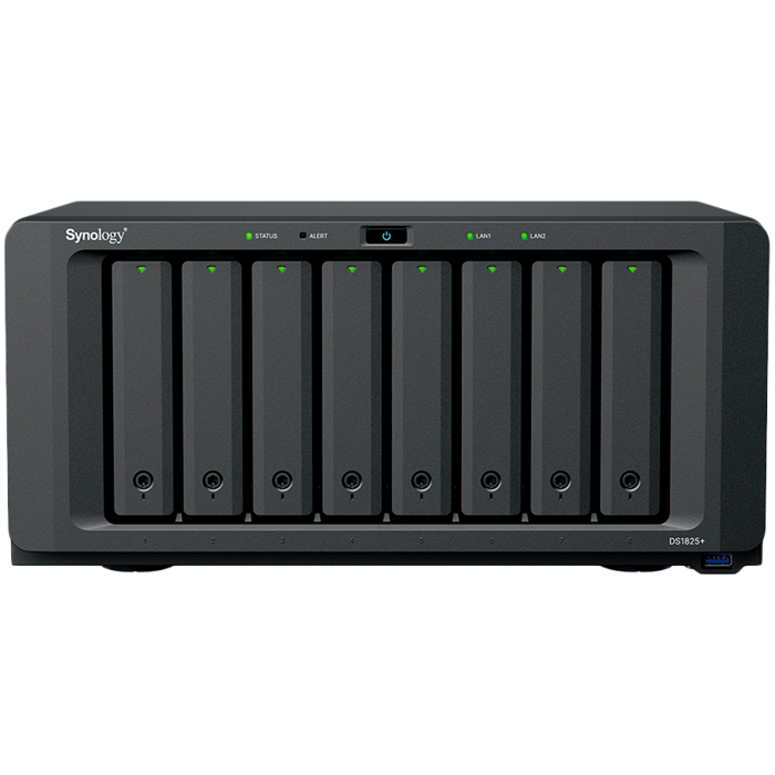Synology DiskStation DS1825+, Tower, 8-BAY 3.5 SATA HDD/SSD, 2xM.2 2280 NVMe SSD, CPU AMD Ryzen Quad-Core 2.2 GHz, 8GB DDR4, 2xRJ-45 2.5GbE LAN Port, 3xUSB 3.2, 2 x USB-C expansion ports (Expandabl