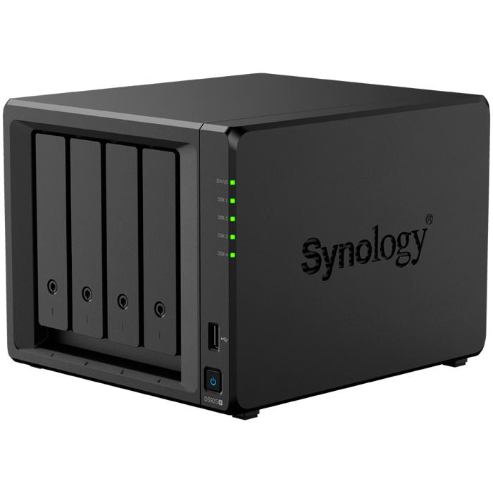 Synology DiskStation DS925+ Tower, 4-Bays 3.5 SATA HDD/SSD, 2 x M.2 2280 NVMe SSD slot, CPU AMD Ryzen V1500B 4-core 2.2 GHz, 4 GB DDR4 ECC SODIMM, 2x RJ-45 2.5 GbE LAN Port; 2x USB 3.2; 1 xUSB Type-