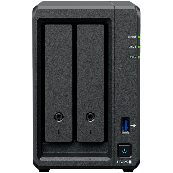 Synology DS725+, Tower, 2-Bays 3.5 SATA HDD/SSD, 2 x M.2 2280 NVMe SSD, CPU AMD Ryzen R1600 dual-core (4-thread), max. boost up to 3.1 GHz, 4 GB DDR4 ECC SODIMM, 1 x 2.5 GbE, 1 x 1GbE, 1 x USB 3.2,