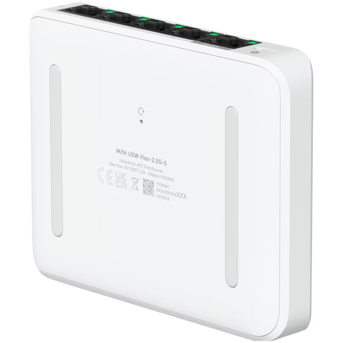 Ubiquiti 5-port 2.5G switch that can be powered with PoE or a USB-C adapter; 4x 2.5 GbE ports, 2.5 GbE PoE input port for power