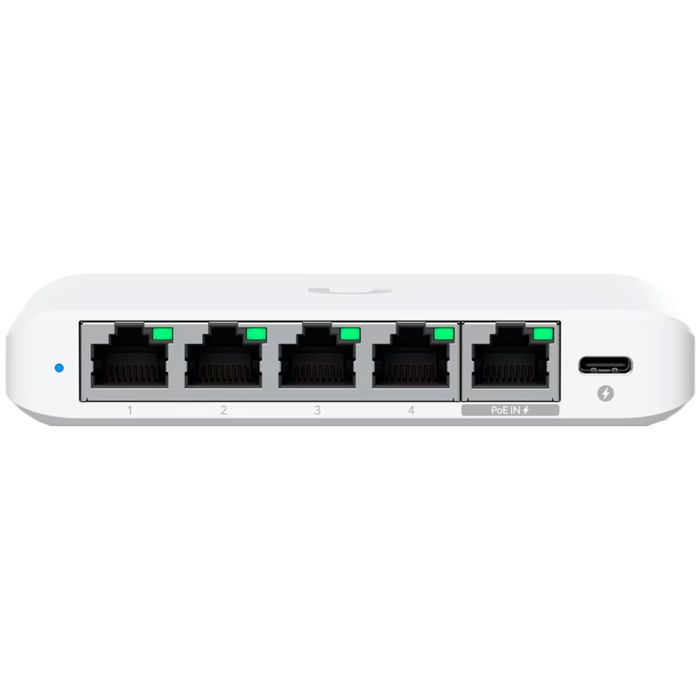 Ubiquiti 5-port 2.5G switch that can be powered with PoE or a USB-C adapter; 4x 2.5 GbE ports, 2.5 GbE PoE input port for power