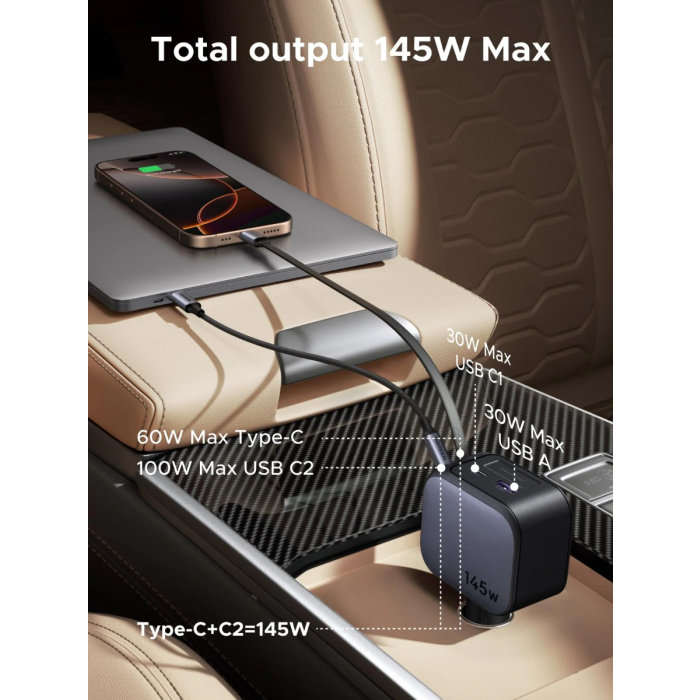 Ugreen 145W avtopolnilec z vgrajenim USB-C kablom