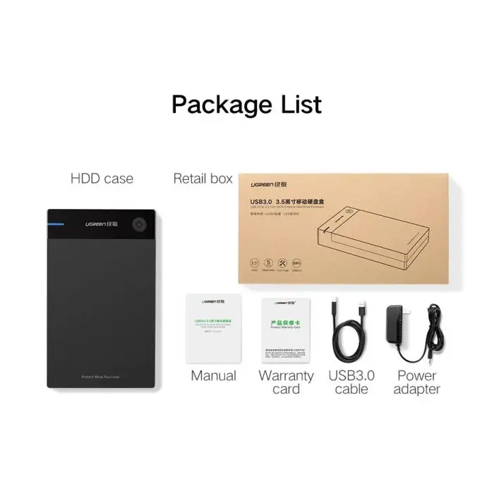 Ugreen 3.5'' USB 3.0 to SATA HDD enclosure for disk - box.