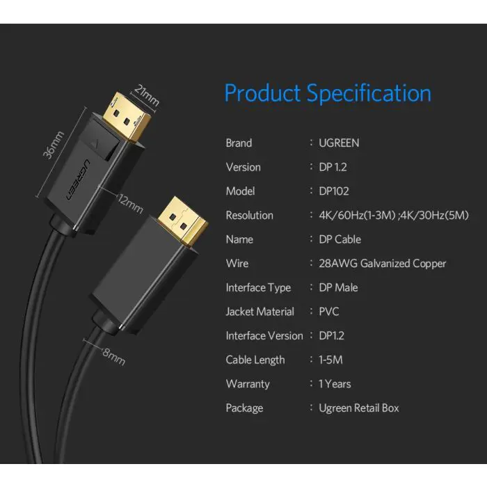 Ugreen DisplayPort 1.2 cable 1.5M - polybag